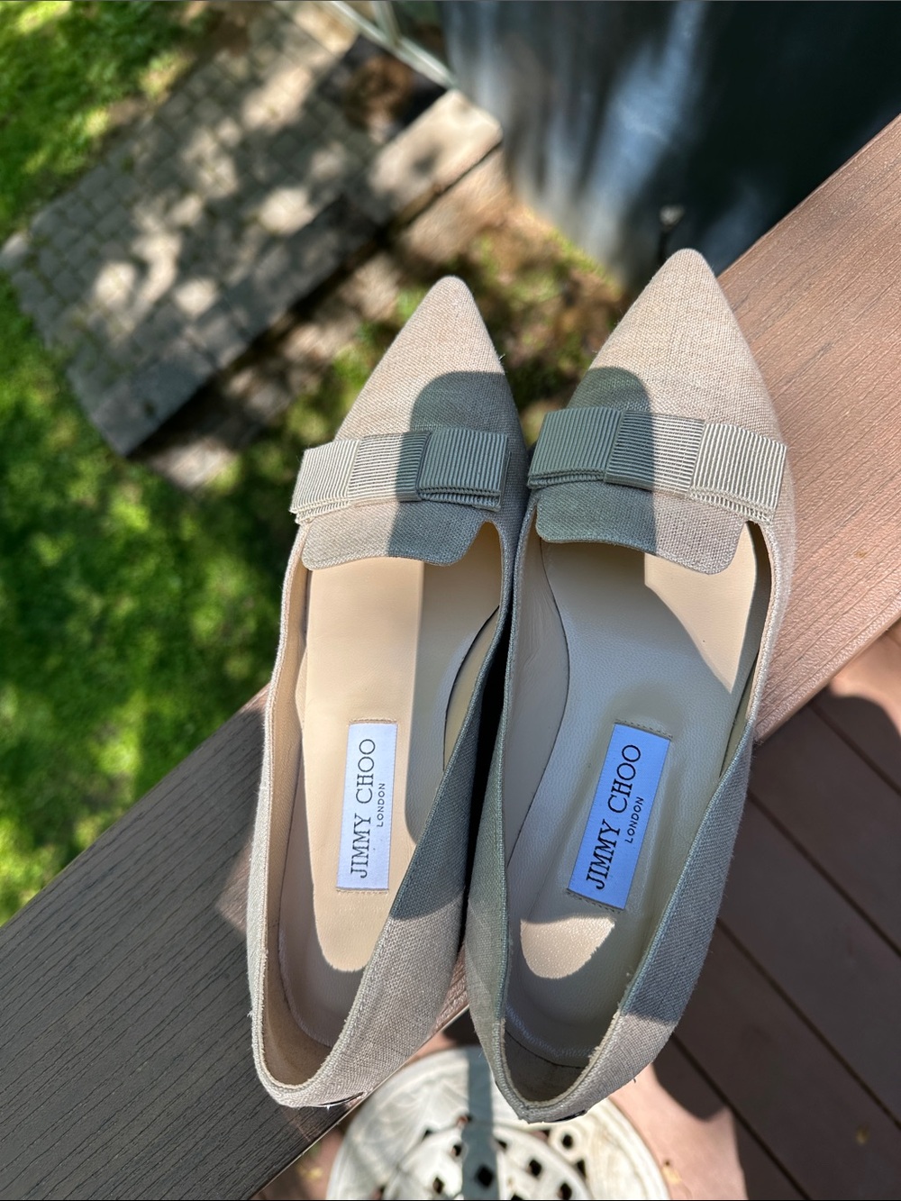 Jimmy Choo Metallic Champagne Pointed Toe Flats with Bow - Picture 3 of 6